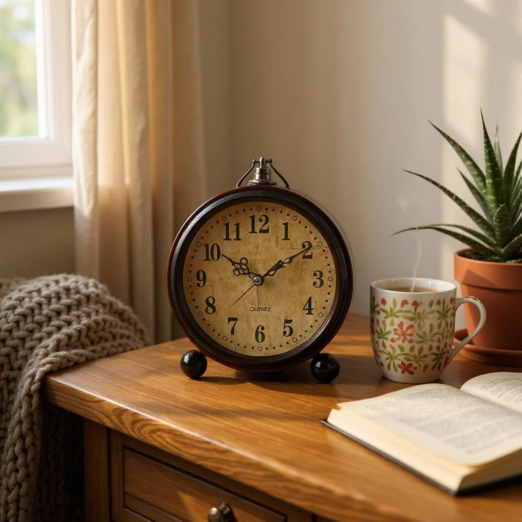 Réveil vintage posé sur une table de chevet